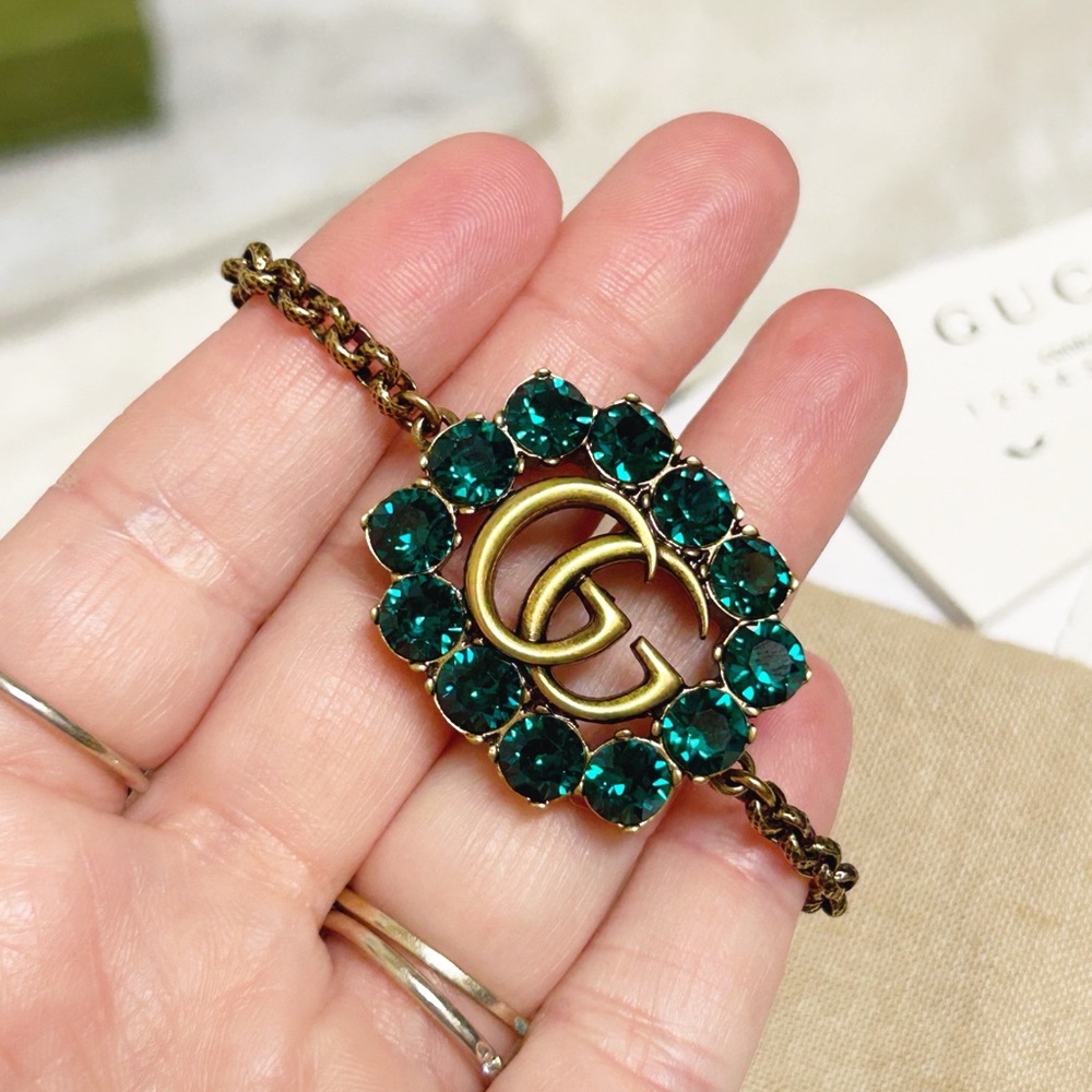 Authentic Gucci Antique Gold Plated Crystal Embellished GG Chain Bracelet - Picture 8 of 15